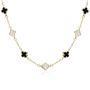 Colier argint placat cu aur galben cu trifoi cu mother of pearl si email negru DiAmanti Z2225NG_OP-DIA (Argint 925‰ 3 g.)